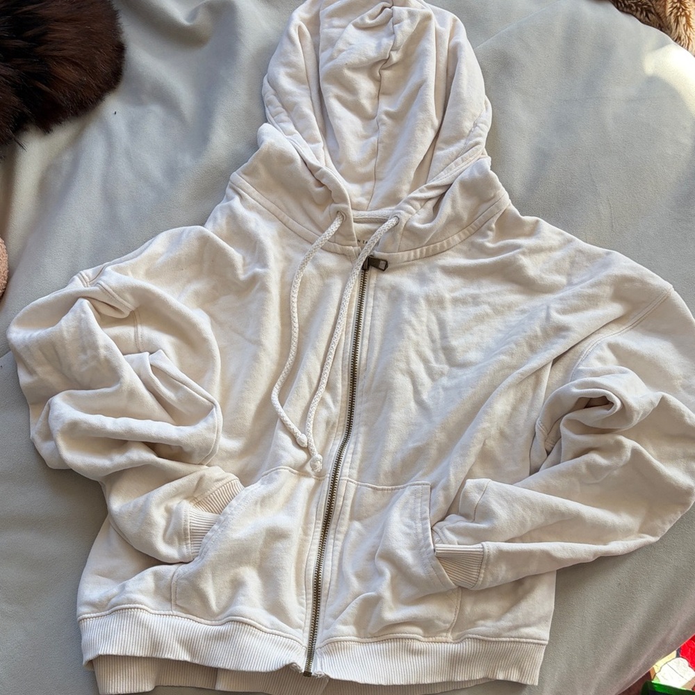 American Eagle Cream Hooded Zip-Up Sweatshirt